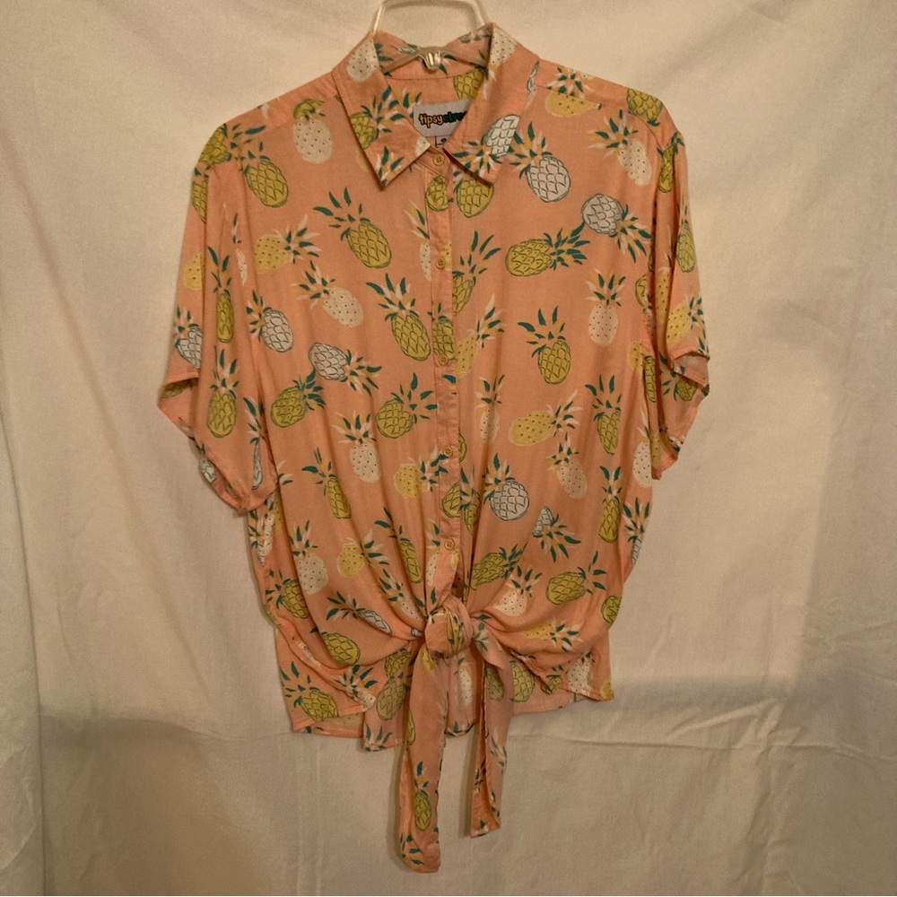Tipsy Elves Tie Front Short Sleeve Hawaiian Pineapple Print Shirt XXL Peach